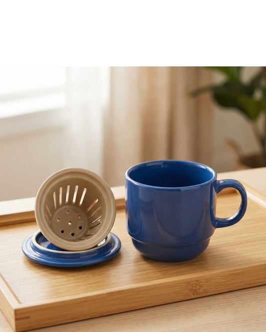 Xbvrt Low Barrel Ceramic Tea Cup with Slotted Infuser and Lid 12 oz Cobalt Sand - Lifestyle view
