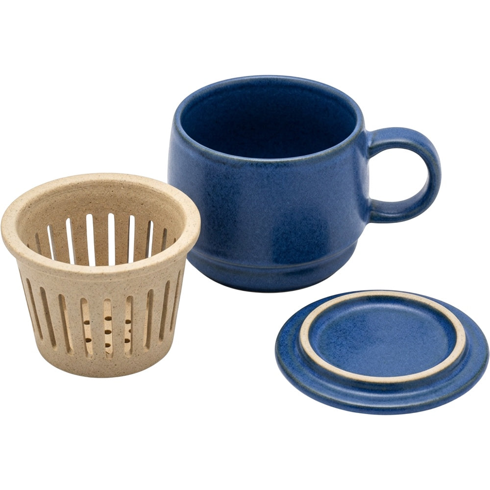 Xbvrt Low Barrel Ceramic Tea Cup with Slotted Infuser and Lid 12 oz Cobalt Sand - Product view