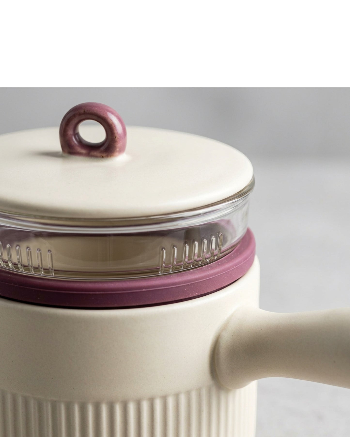 Xbvrt Side Handle Ceramic Tea Cup with Glass Infuser and Lid 10 oz Plum Cream - Detail view