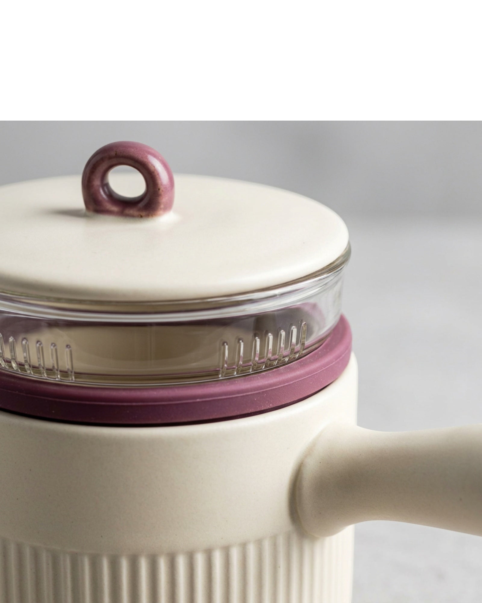Xbvrt Side Handle Ceramic Tea Cup with Glass Infuser and Lid 10 oz Plum Cream - Detail view