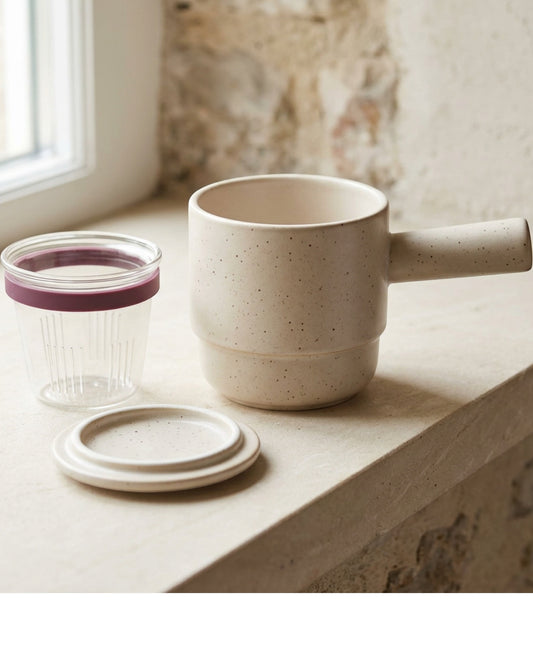 Xbvrt Side Handle Ceramic Tea Cup with Glass Infuser and Lid 10 oz Plum Cream - Lifestyle view