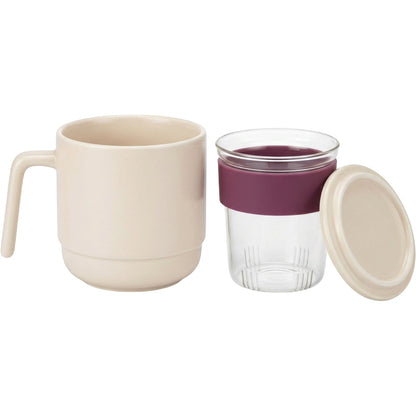 Xbvrt Side Handle Ceramic Tea Cup with Glass Infuser and Lid 10 oz Plum Cream - Product view