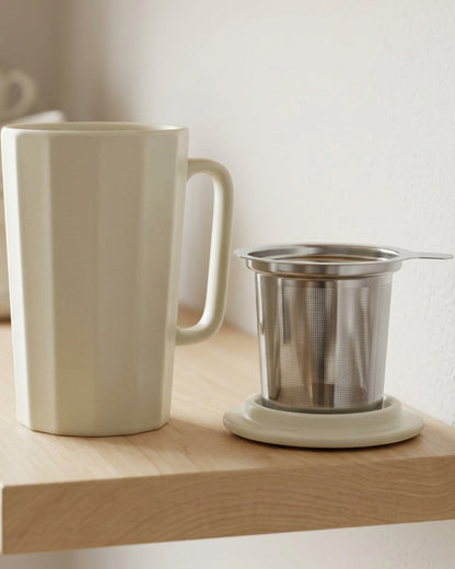 Xbvrt Tall Faceted Ceramic Tea Mug with Steel Infuser and Lid 14 oz Sage Ivory - Lifestyle view