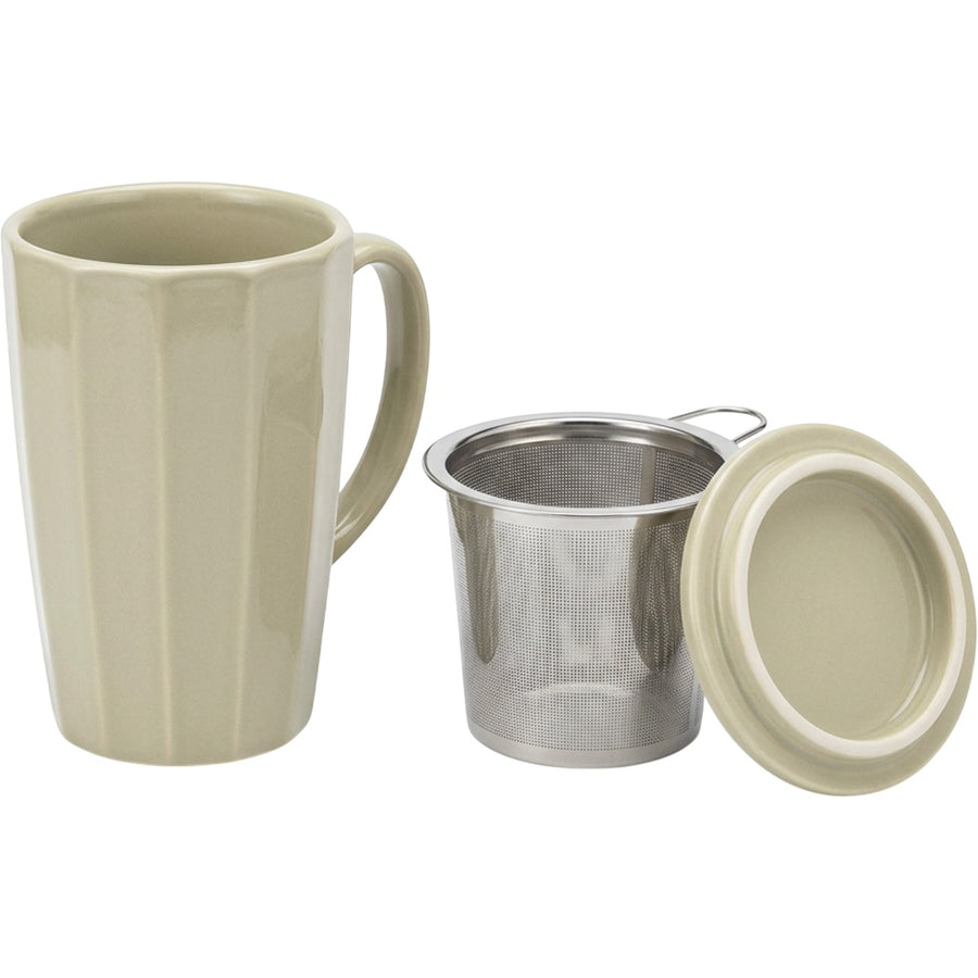 Xbvrt Tall Faceted Ceramic Tea Mug with Steel Infuser and Lid 14 oz Sage Ivory